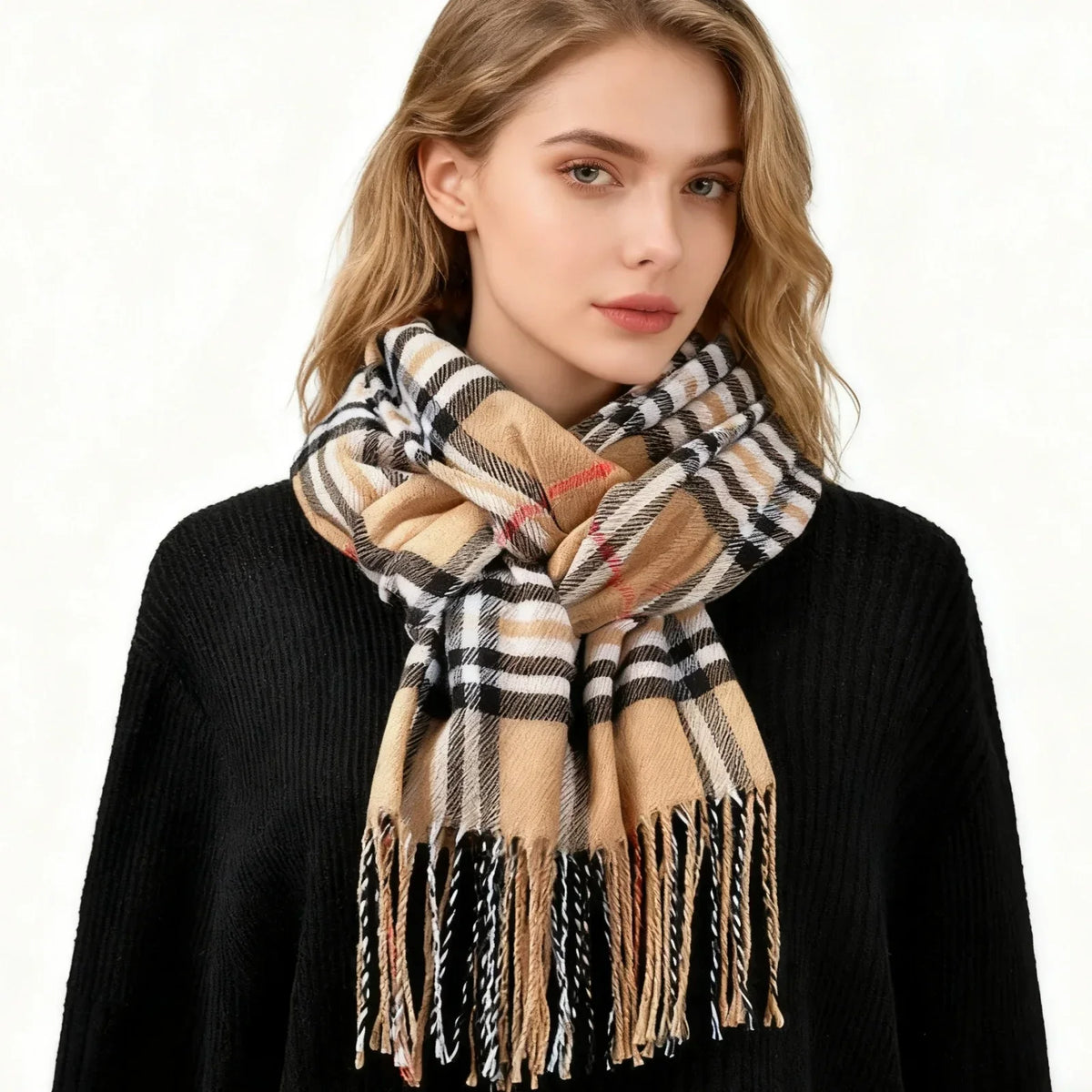 Women's Plaid Scarf – Soft Warm Checked Tassel Shawl Wrap
